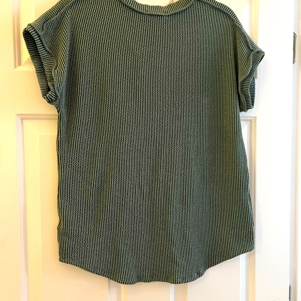 Last 3! Boho Soft Ribbed Moss V Neck Reverse Stitch Peace Sign Top! - Picture 3 of 5
